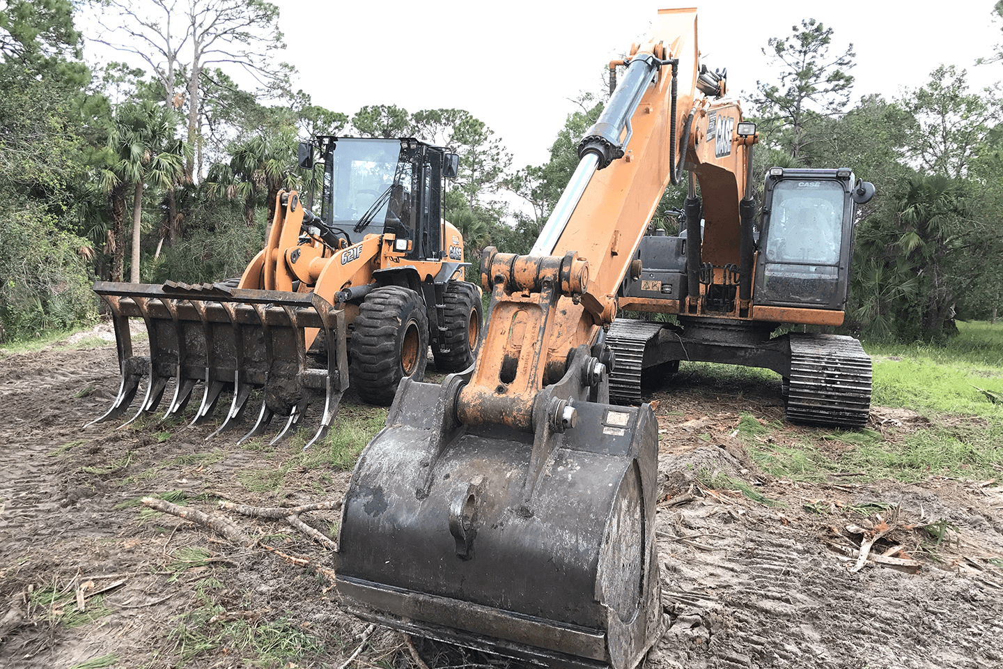 Excavator and front end loader sitting amongst trees