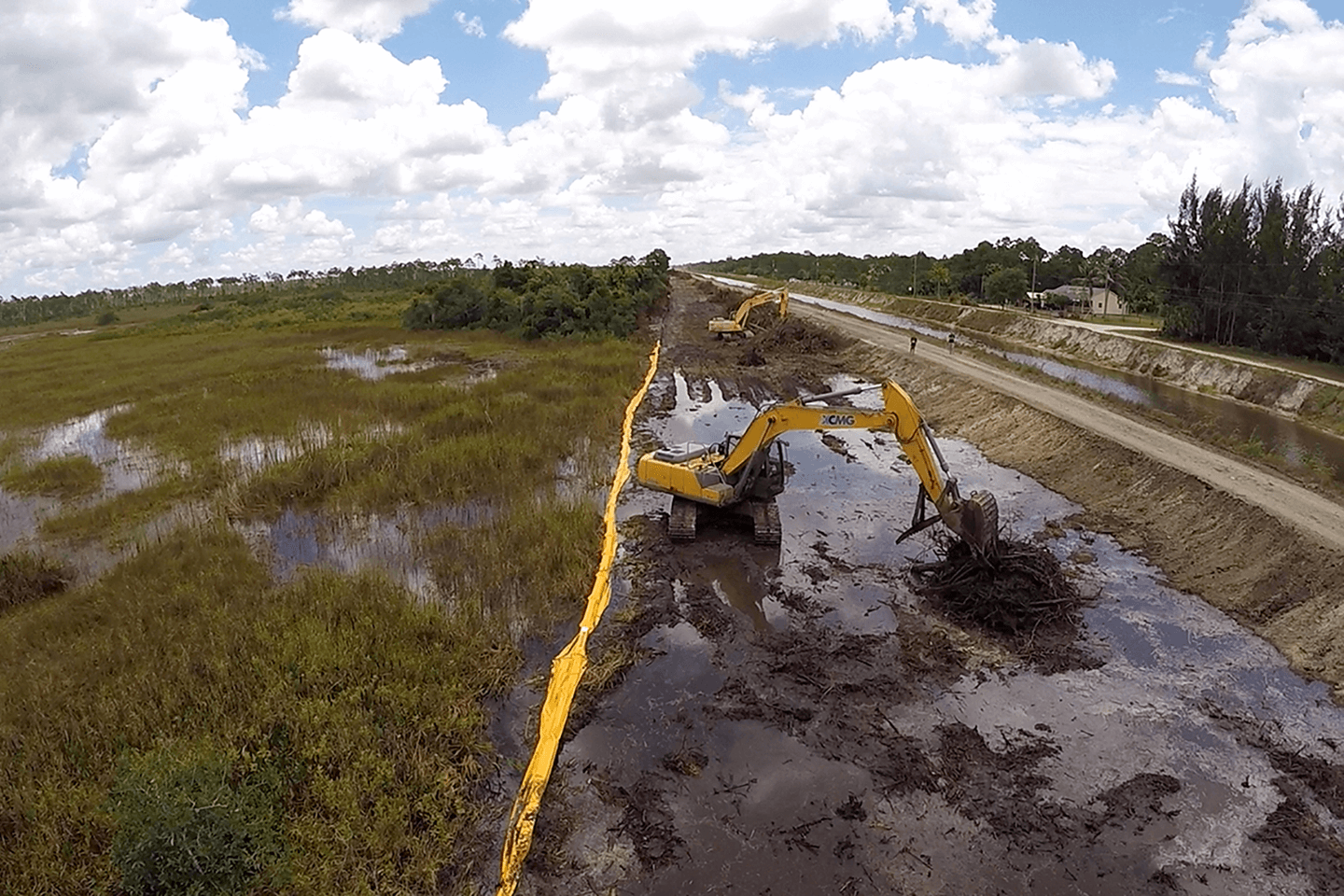 Aerial picture of two excavators moving dirt in a canal