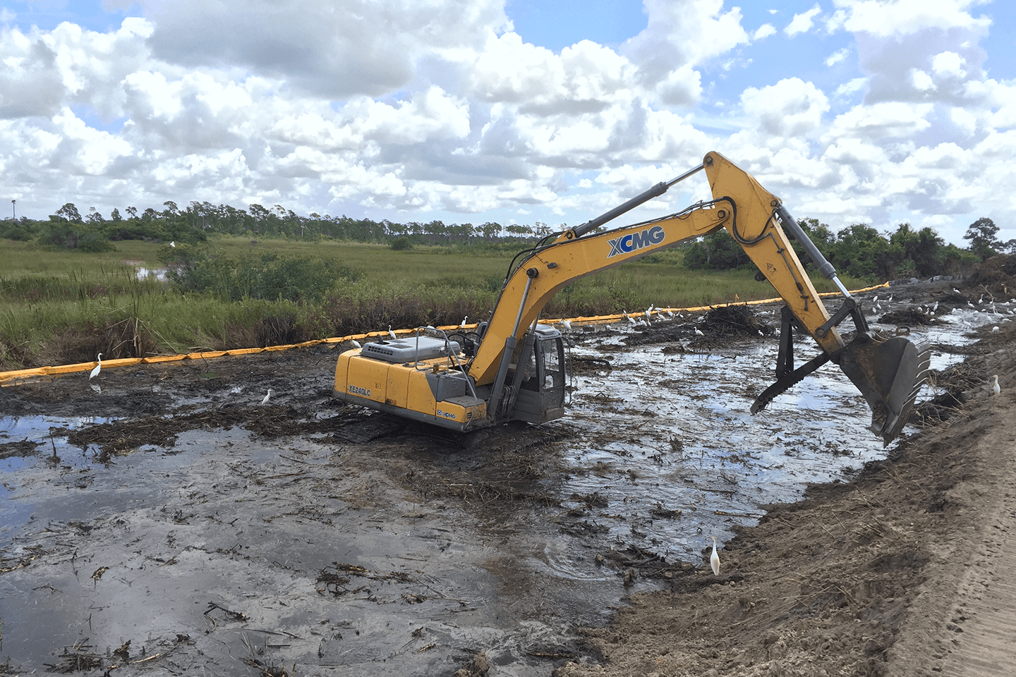 Excavator in a swamp digging a bank